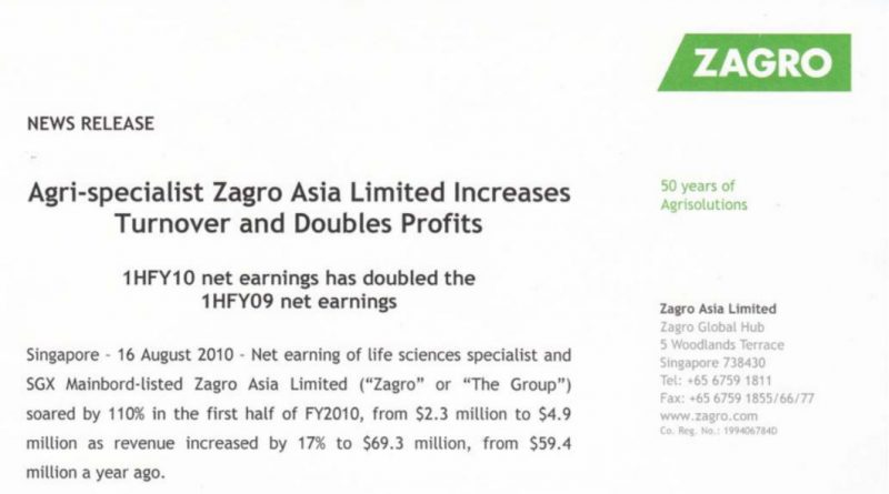 Agri-specialist Zagro Asia Limited Increases Turnover and Doubles Profits